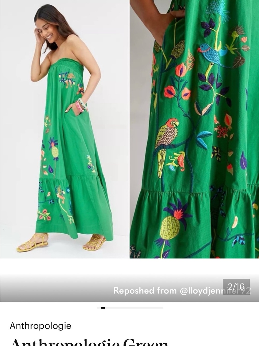 Anthropologie Green Embroidered Strapless Dress - Vibrant Tropical Design